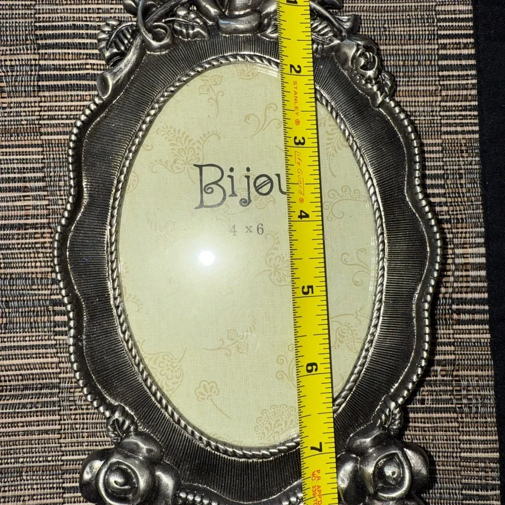 VTG Bijou Pewter Silver Tone‎ Oval Metal Picture Frame Rose Flower Cottagecore J